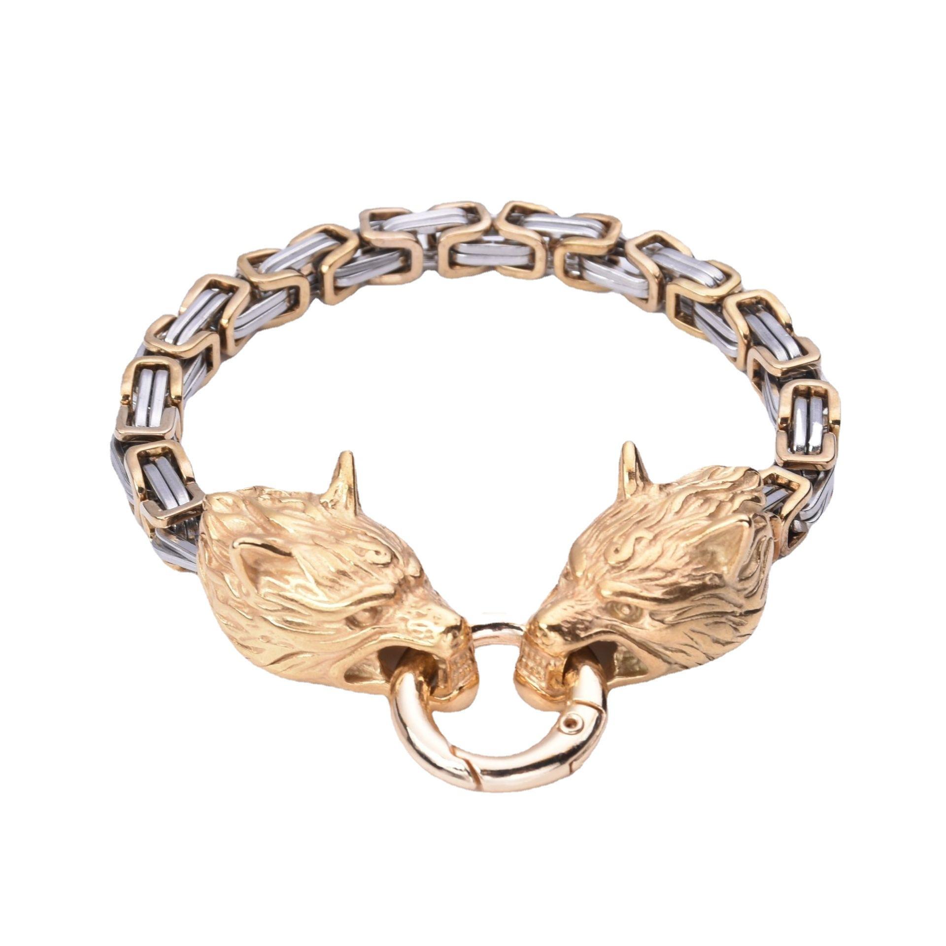

Мужской браслет Властный браслет из нержавеющей стали с золотой головой волка Императорский браслет-цепочка 19CM