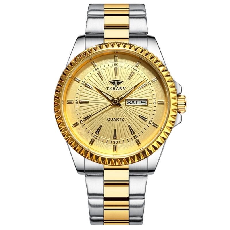 Herren Wasserdichte Doppelkalender Stahlarmband Quarz Armbanduhr Mode Business