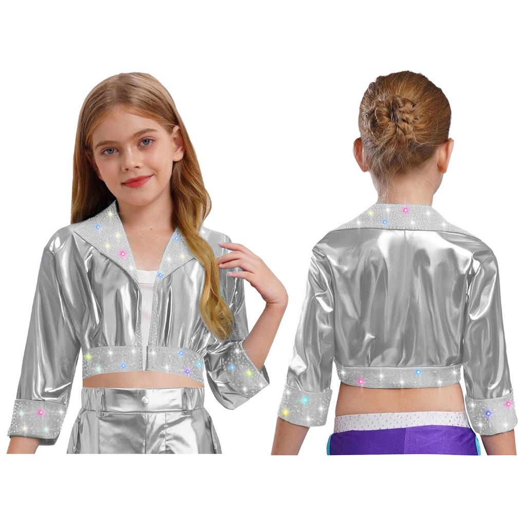 Kinder Bühnenauftritt Jacke Mädchen Jazz Dance Oberbekleidung Glänzende Strasssteine mit Reverskragen