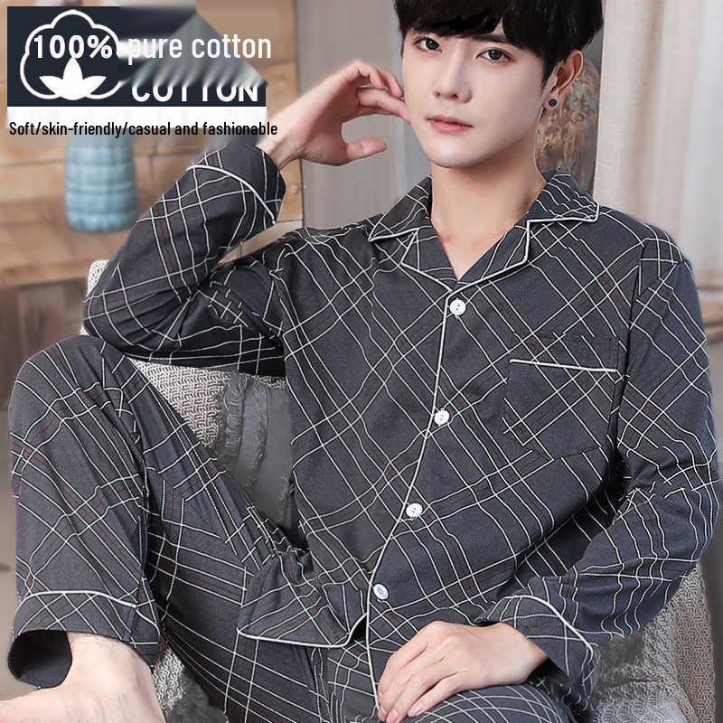 Men's 100% Cotton Long Sleeve and Pants Pajama Set - Plus Size, Spring/Autumn, Loose Fit, Two-Piece Home Wear