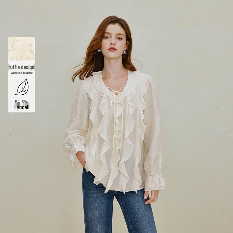INMAN Women s Lyocell French V-Neck Ruffle Blouse L