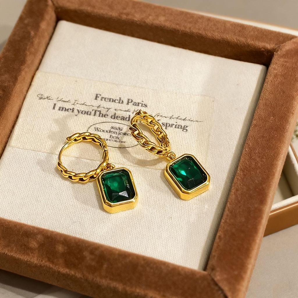 Vintage Hip Hop Green Zircon Geometric Square Dangle Earrings for Women - Trendy and Stylish Ear Cuffs
