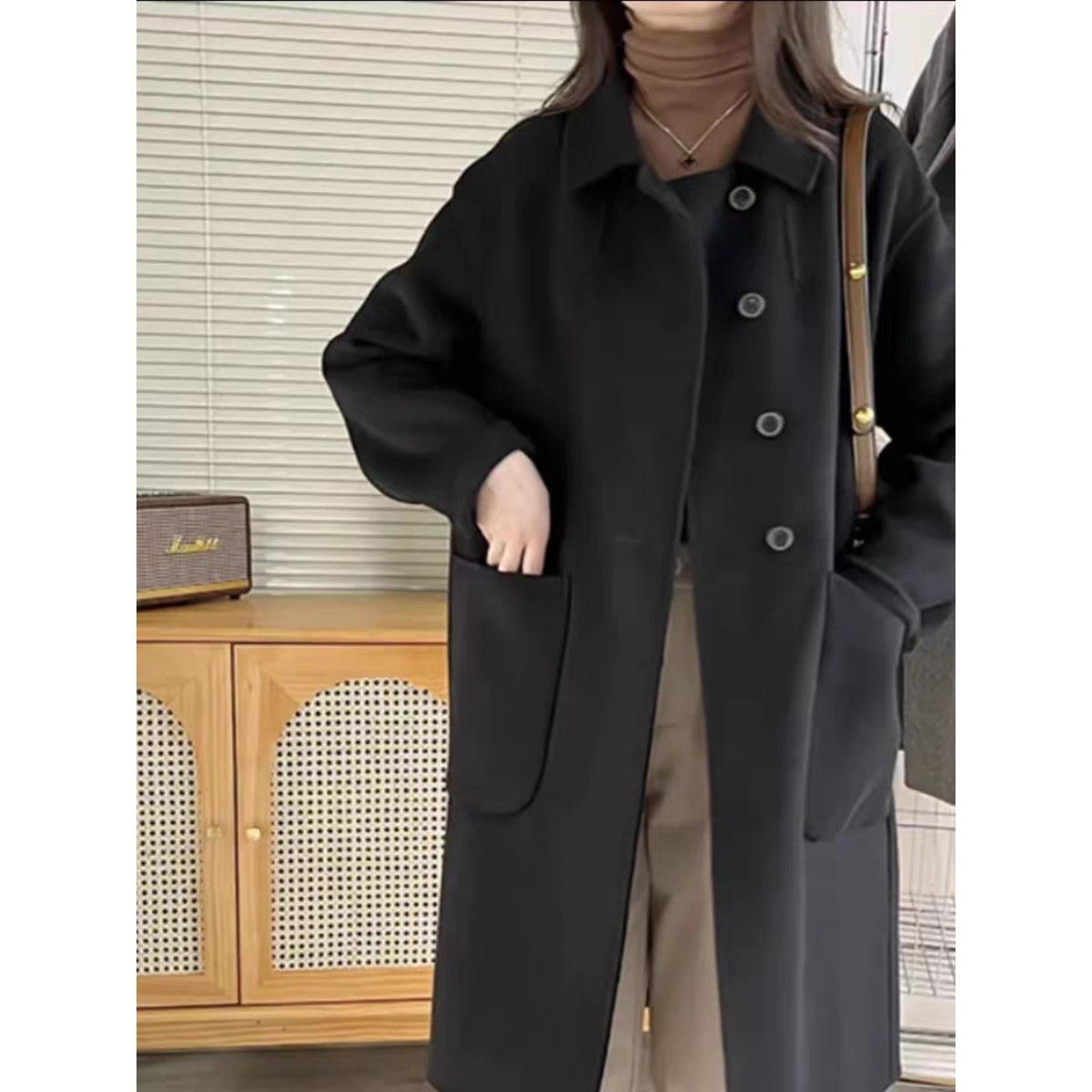 

Двустороннее шерстяное пальто, средней длины и длинное, с маленьким плюшевым кашемировым воротником-стойкой, утолщенное прямое и приталенное пальто для женщин M (115-67.5 kg) чёрный