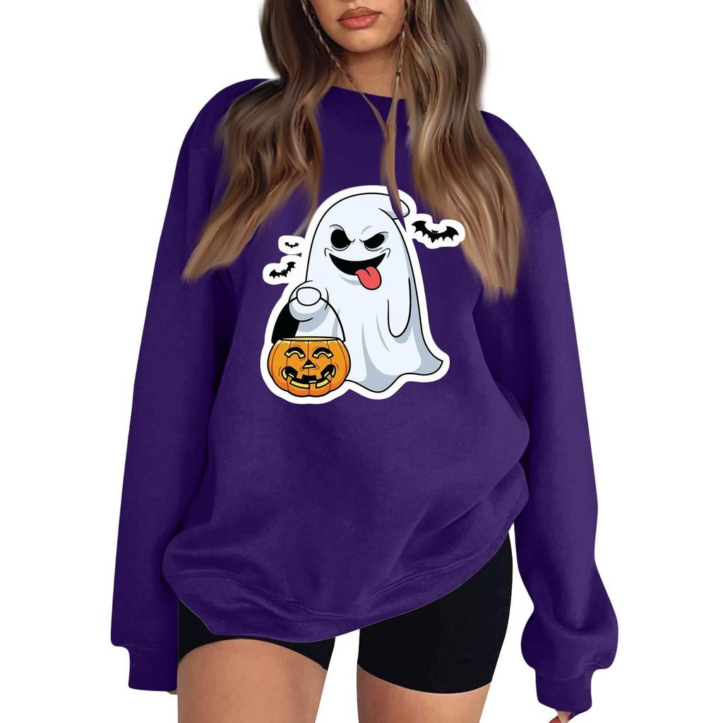 Women's Neck Long Sleeve Comfy Sweatshirt Casual Loose Fit Color Halloween Print Pullover