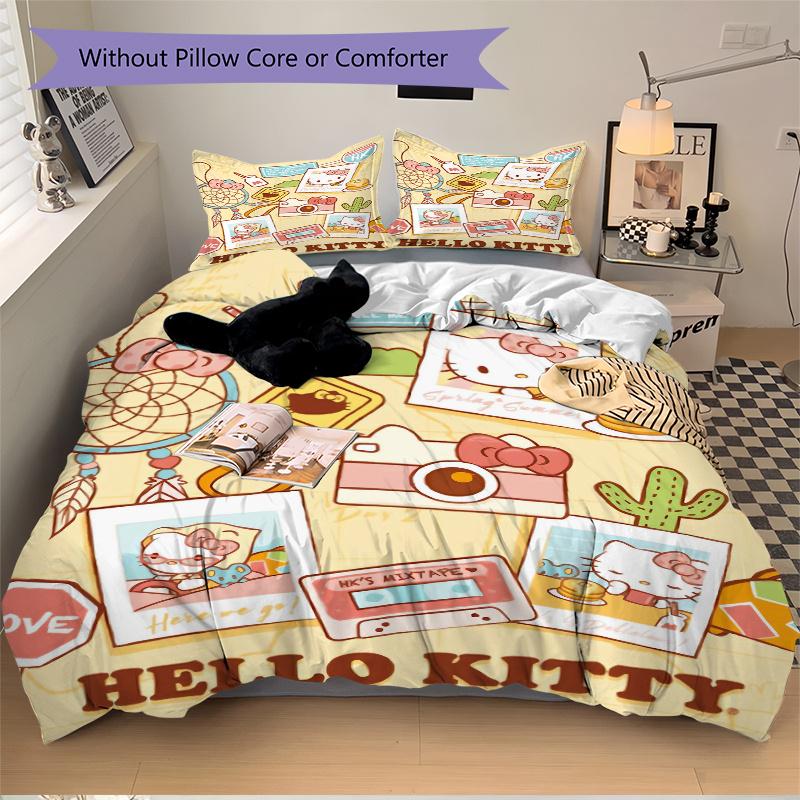 3pcs Hello Kitty's Holiday Quilt Cover Set (1 Quilt Cover + 2 Pillowcases Without Pillow Core), High-Definition Printing for Home and Dormitory.W