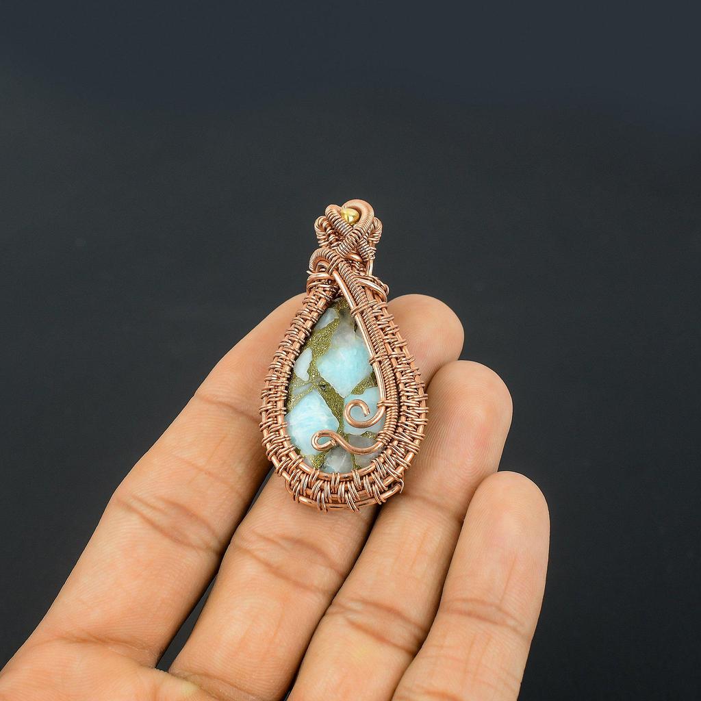 Copper Larimar Pendant Gemstone Handmade Jewelry, 999 Copper Wire Wrapped Pendant, Gift For Wife Jewelry