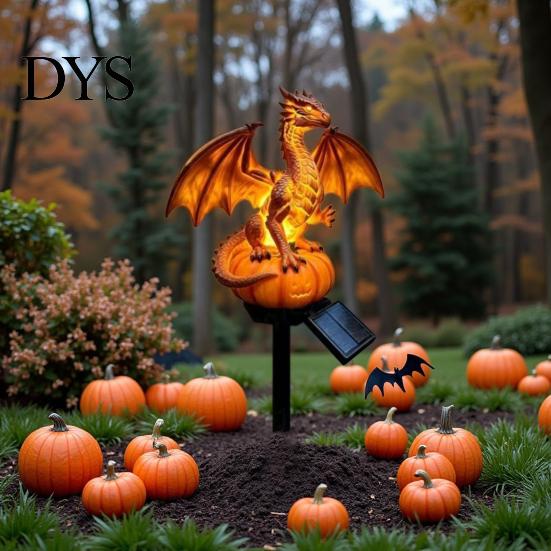 Solar Powered Outdoor Lights Gothic Garden Resin Dragon Statue Ground Stake, Figurine, Fantasy Decorative Lawn Accents for Halloween Statues