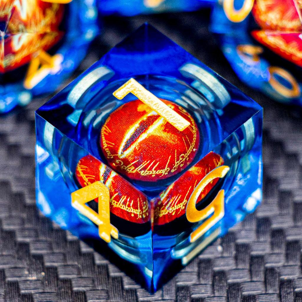 Runes DND Resin Dice Gazes Eye Dice Golden Blue Liquid Core Flaming RPG Sharp Edged Dice Set with Gift Box Polyhedral Compatible