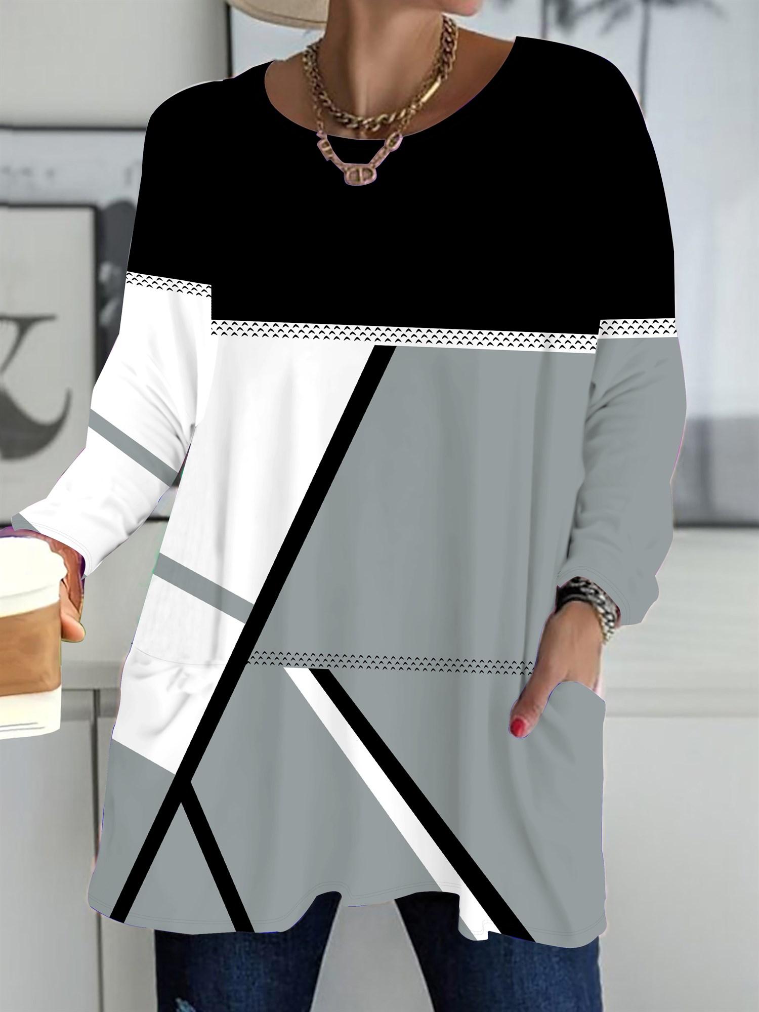 

2025 Осень Зима Новые Женские Топы Большого Размера, Модные Футболки с 3D-принтом Геометрии с Круглым Вырезом и Длинным Рукавом 6XL серый