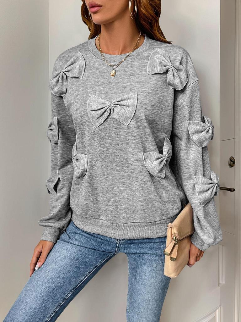 European & American Autumn Sweet Casual Bow Spliced Gray Round Neck Women's Sweatshirt