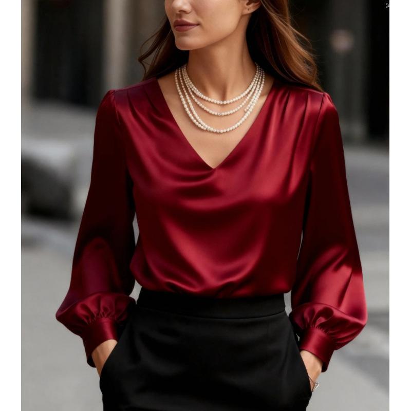 Spot 2025 Neuer Stil Französischer Stil Puffärmel V-Ausschnitt Satin Langarmbluse für Damen