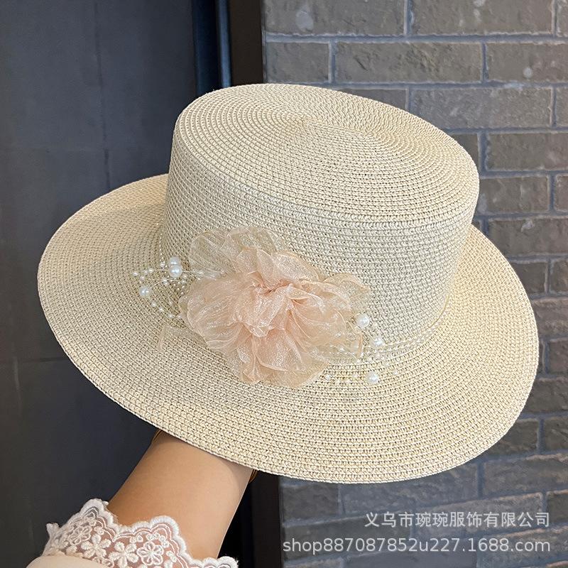 Pearl flower sunshade woven straw hat women's summer seaside vacation sun hat new flat-top sunscreen beach hat
