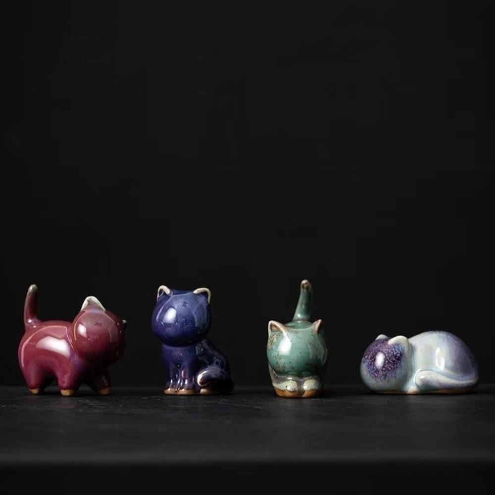 1/4pcs Cat Tea Pet Ceramic Ornament Craft Desktop Decoration Jun Porcelain Cat Tea Pet Chinese Style Lazy Cat Car Ornament