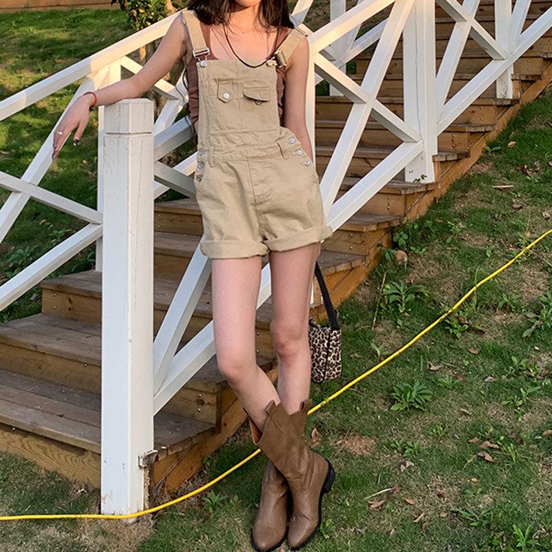 Women's High-Waist Denim Overall Shorts - Casual American Style, Loose Fit, Cuffed Wide Leg Jumpsuit