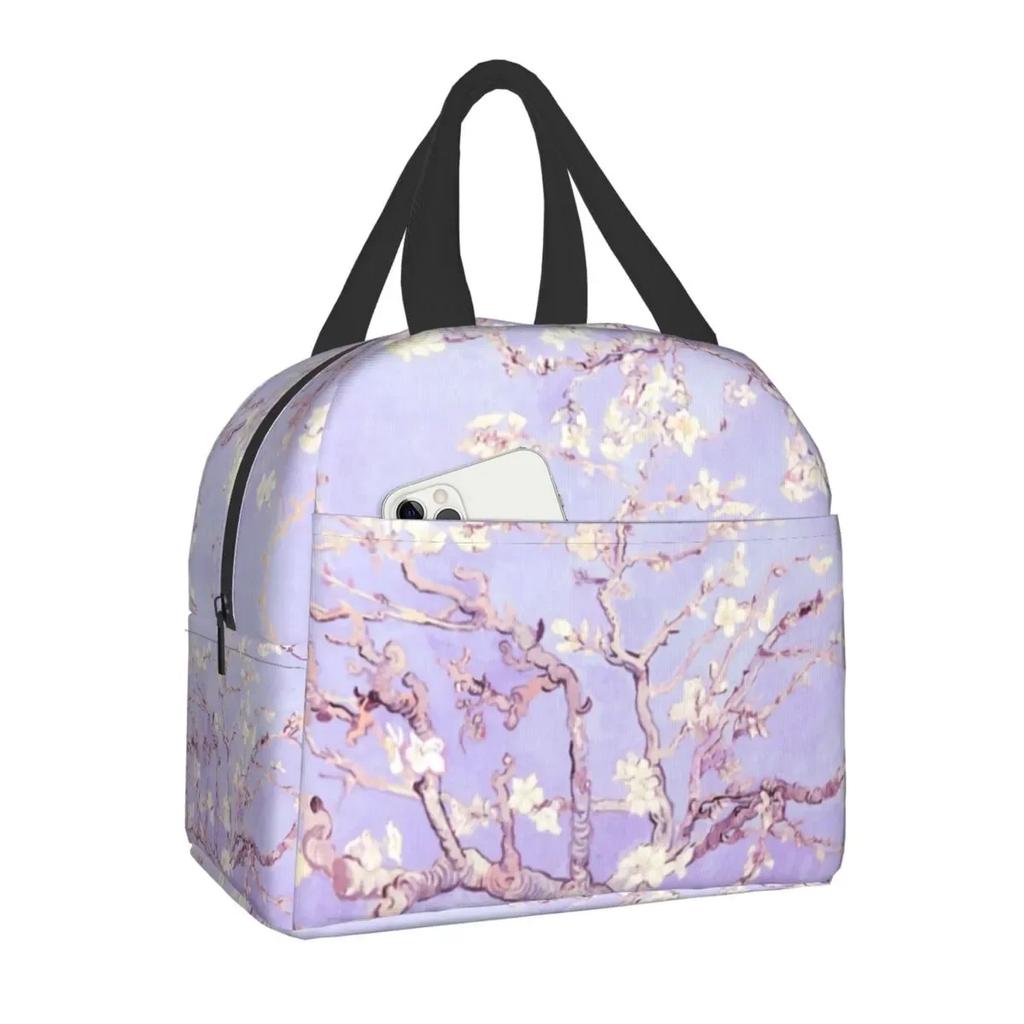 Almond Blossoms Lunch Box Portable Thermal Cooler Food Insulated Oil Painting Lunch Bag for Women Kids