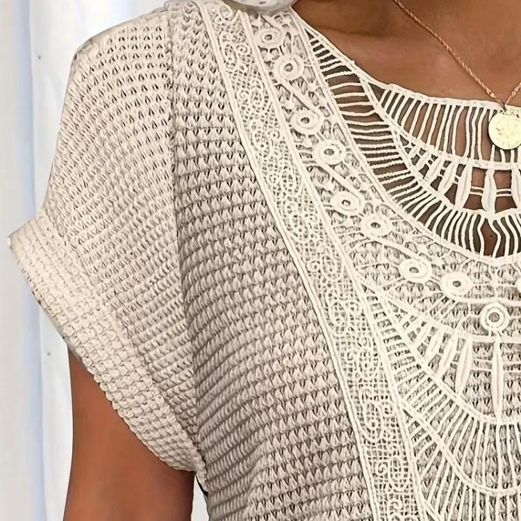 Women Casual Summer Short Sleeve Crew Neck Lace Splicing Top Tshirt