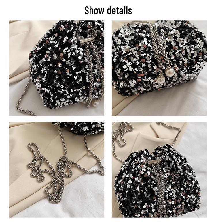 Chic Sequin Korean-Style Bucket Bag: Trendy Pleated Single Shoulder & Crossbody Evening Bag for Women 2026