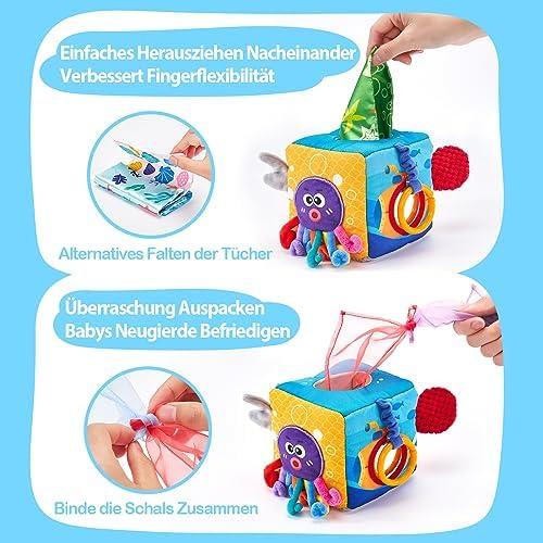 Hahaland Baby Toys 6-12 Months Montessori Sensory Tissue Box, Colorful Fabric Tabs Sensory Motor Skills Learning Toy for Boys Girls Gifts