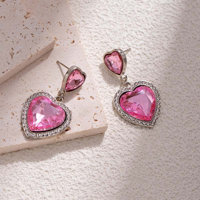Fashion Red Zircon Heart Drop Earrings for Women Sweet Crystal Geometric Love Temperament Earrings Wedding Jewelry Accessories