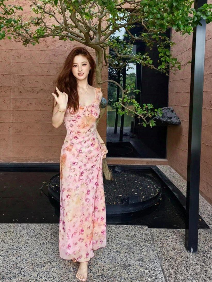 

French gentle temperament pink floral suspender dress seaside vacation beautiful summer beautiful small skirt S розовый