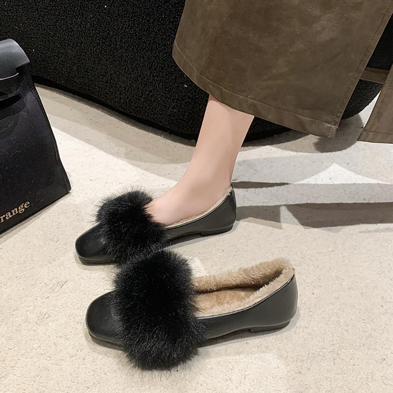 Fashion Women's Flat Shoes Winter New Square Head Shallow Mouth Plus Velvet Soft Sole Anti-slip Wear-resistant Low-top Shoes