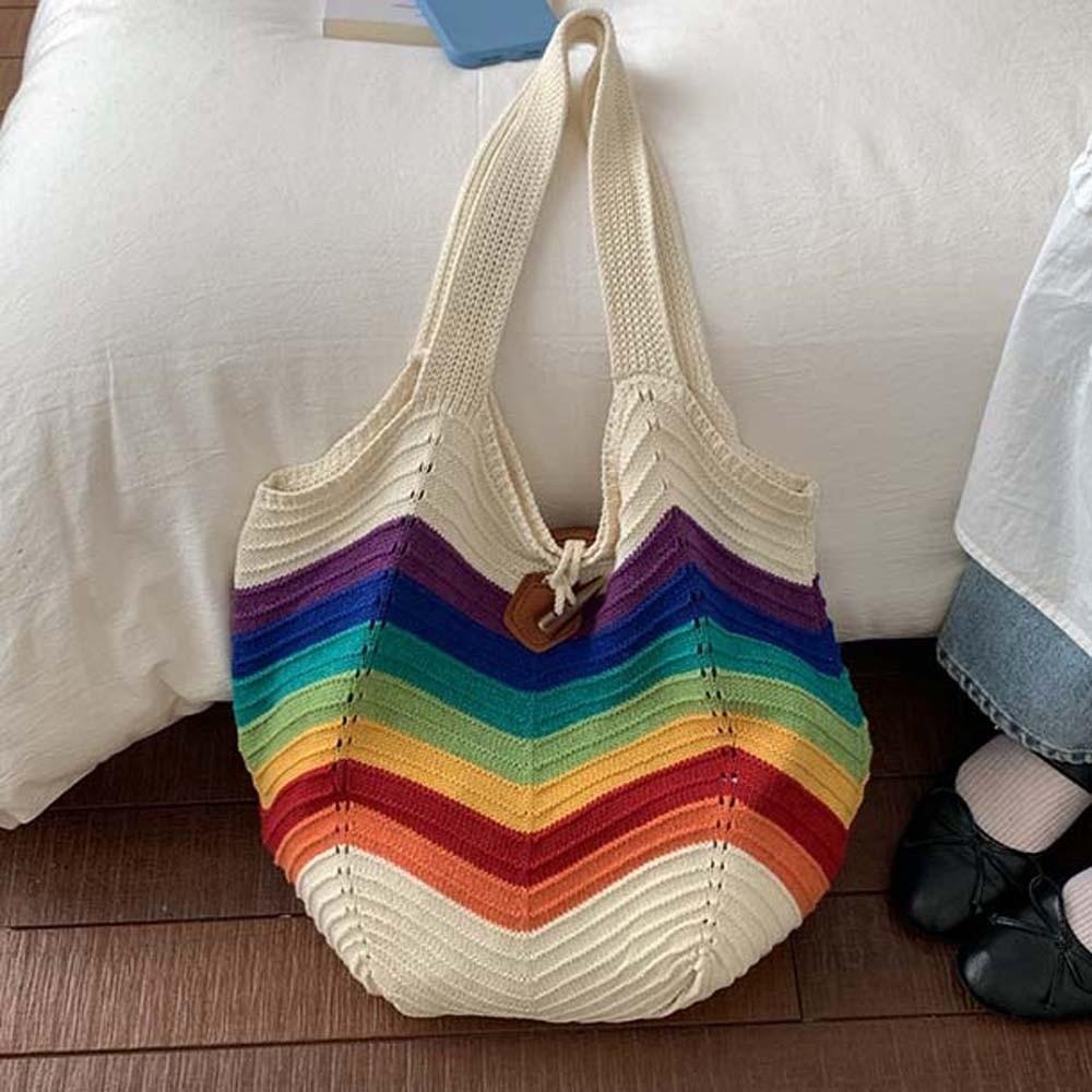 Sweet Knitted Tote Bag Large Capacity Breathable Crochet Shoulder Bag Lightweight Polyester Seaside Vacation Handbag Daily