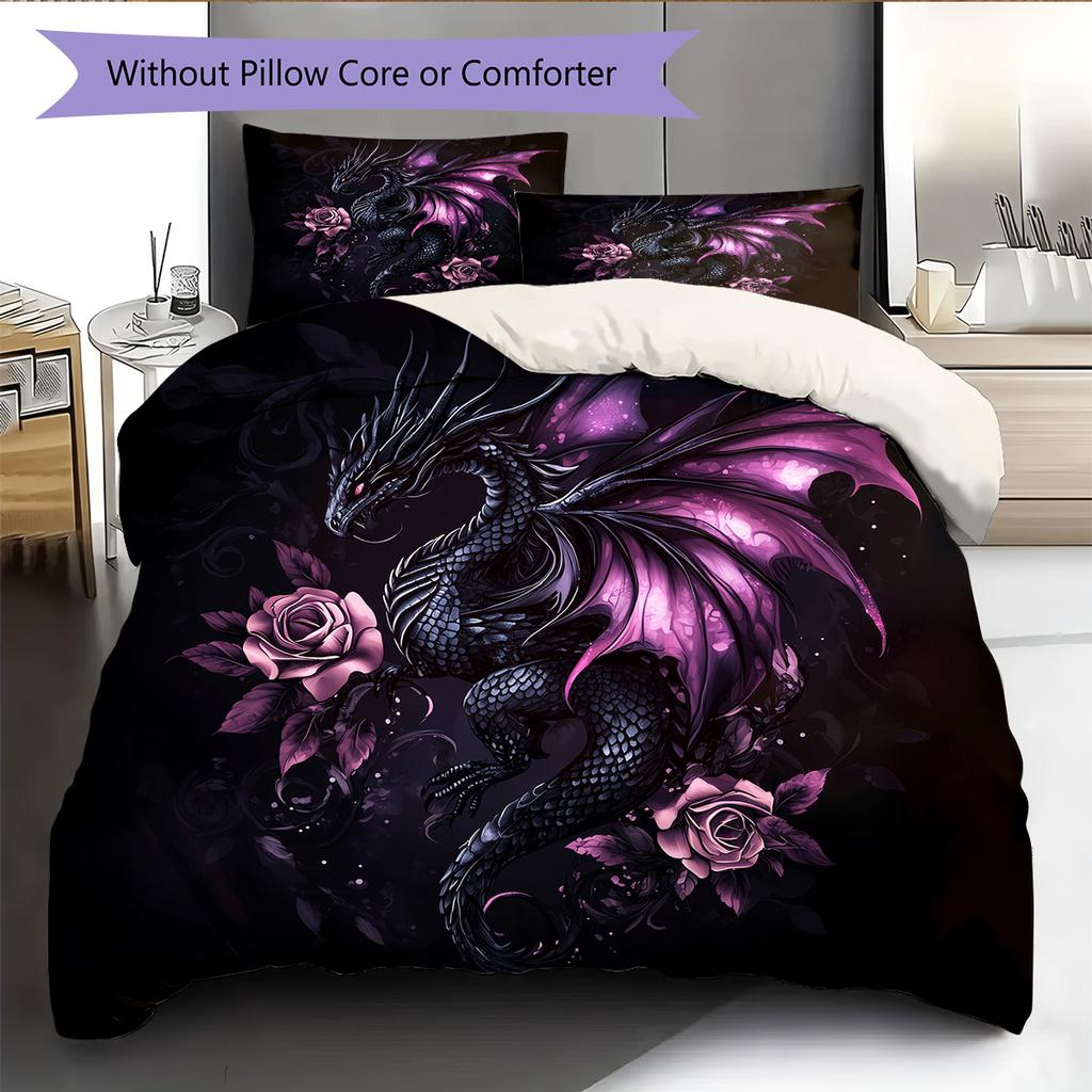 Fialový drak Vzor Povlečení Přikrývka Sada Povlak na přikrývku Povlak na polštář Domácí dekorace Dárek (1 * povlak na peřinu + 2 * povlak na polštář, bez jádra)