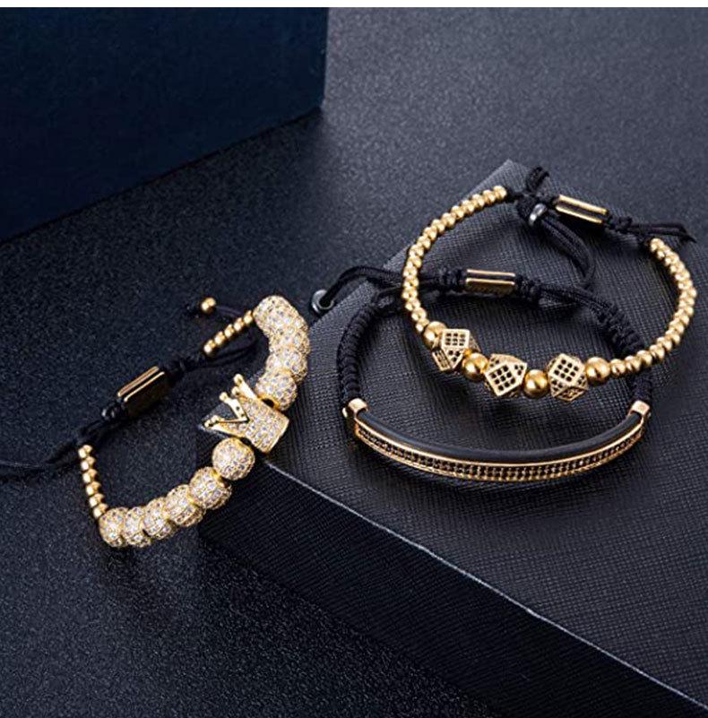 Men's Copper Zirconia Crown Ball Rhombus Double Row Crescent Bracelet Set