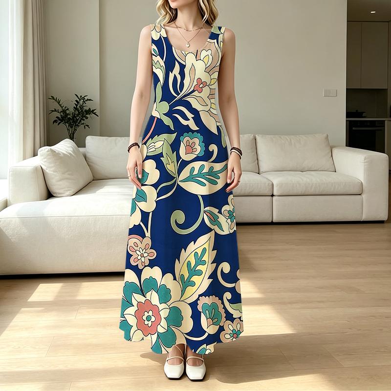 Sleeveless Maxi Dress,Lightweight Flowy Fabric,Fresh Style Full Flowy Skirt for Spring Fall,Versatile for Daily Casual & Party