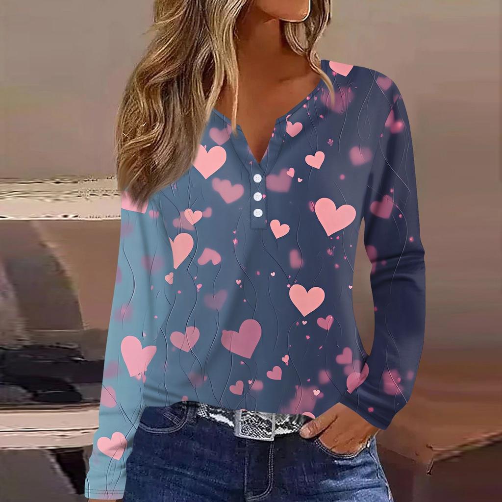 Women's T Shirt Tee Valentine's Day Printed Button Long Sleeve Tunic Daily Weekend Fashion Basic V- Neck Regular Top