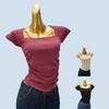 Square Collar Knitted Short Sleeve T-shirt Women 2025 New Popular Summer Slim Fit Design Sense Gyaru Short Top