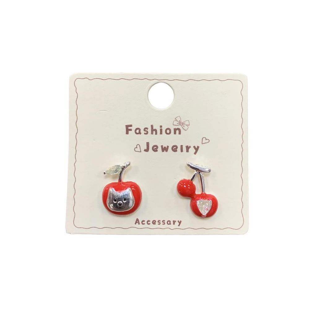 Christmas Red Apple & Cherry Stud Earrings - Women's Silver Needle Autumn/Winter Fruit Jewelry Set