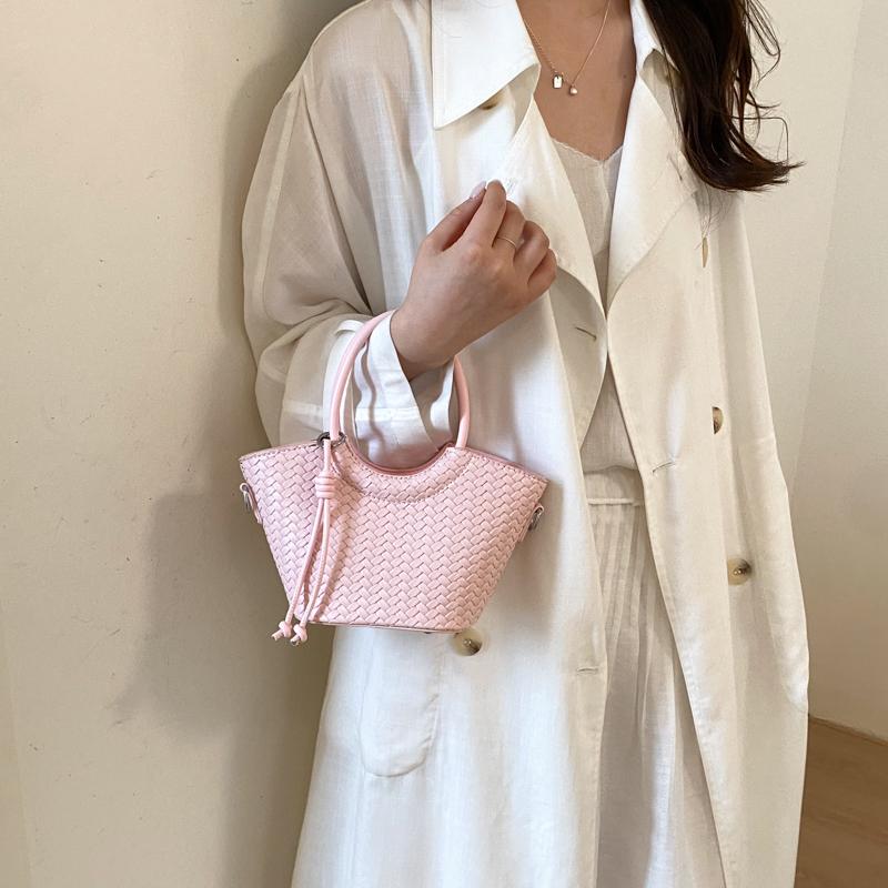 Woven Texture Mini Tote Bag with Round Handle and Detachable Strap
