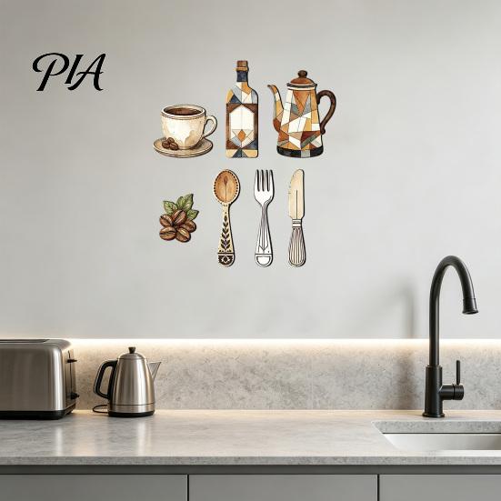 Removable Wall Decals 7Pcs Farmhouse Coffee Themed Wooden Decor, 2D Flat Kitchen Art Rustic Decor Plaques, Retro Ornaments for Home Dining Room