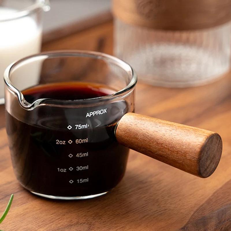 Wood Handle Glass Espresso Cup with Extraction Measuring Cup, Marked Milk Jug, Western-style Sauce Ladle