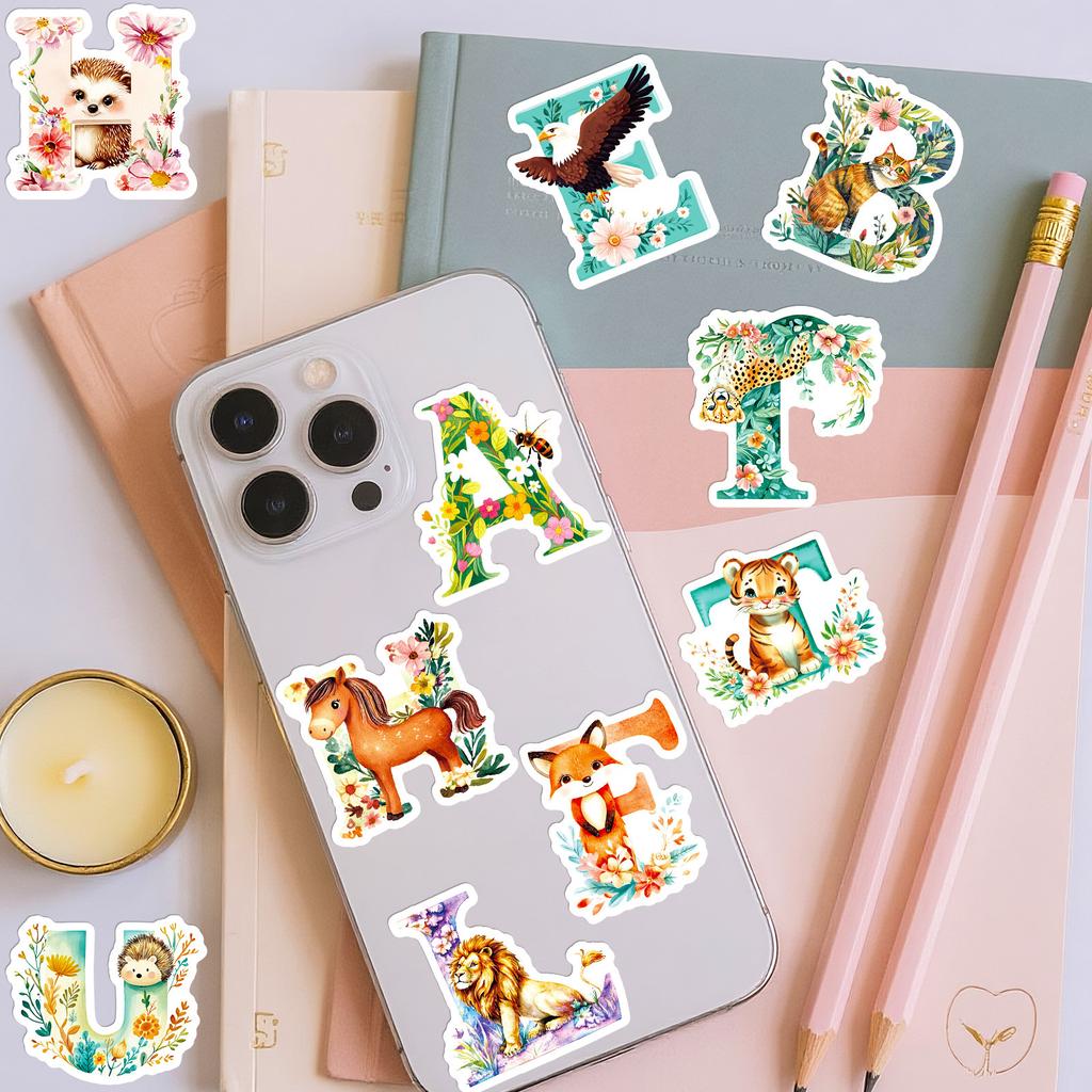 56PCS Cute Animal Flower Letter Stickers Watercolor Creative English Letter Decorative Stickers