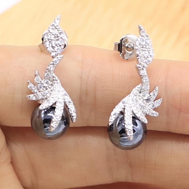 Schwarze Perle Hochzeitsschmucksets für Frauen Ohrringe Halskette Anhänger Ring Zirkonia Armband Geburtstagsgeschenk