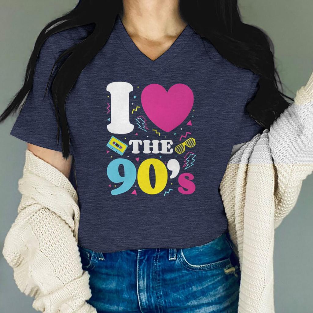 I Love The 90's Retro Themed V-neck T-shirt Women Men Short Sleeve Classic Birthday Commemorate Streetwear Fashion 90s Tees