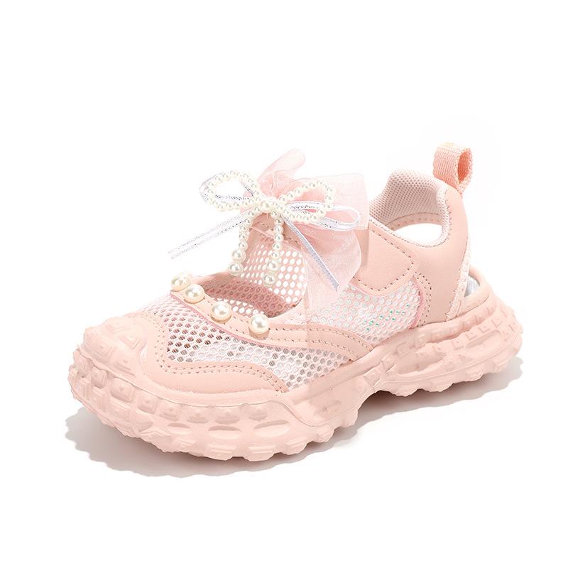 Girls Pearl Bow Mesh Sandals Kids Breathable Thick Sole Casual Sports Shoes 26 розовый