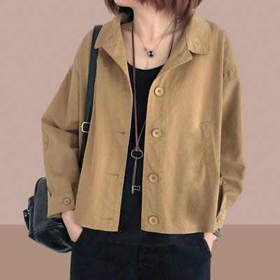 Women's Lapel Long Sleeve Cargo Jacket Loose Fit Single Breasted Cropped Casual Outerwear