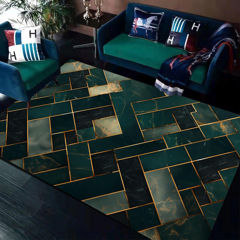 Green Geometry Carpet Non Slip Rug for Living Room Sofa Table Side Marble Golden Line Bedroom Decor Mat