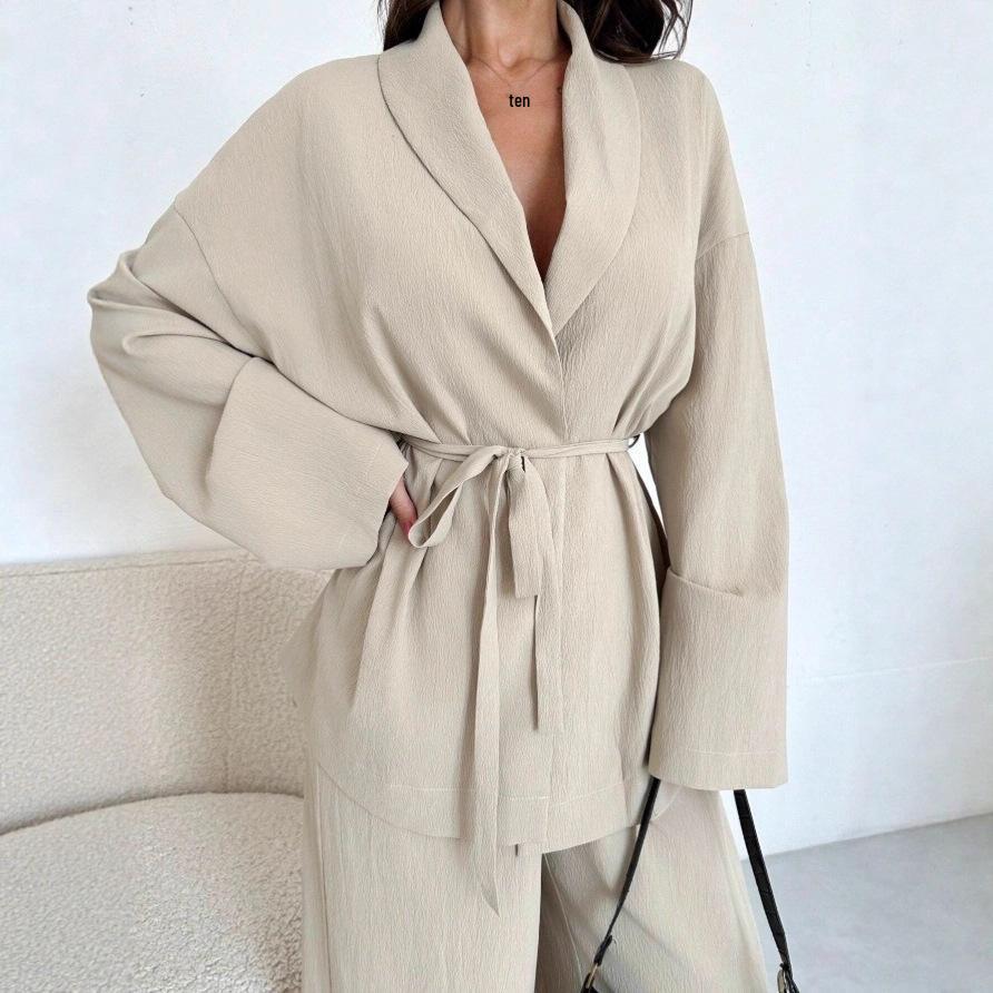 Ensemble Pantalon Jambe Large Élégant à Manches Longues et Col en V pour Femme Automne/Hiver 2025