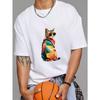 Crewneck T Shirt White Colorful Cat with Sunglasses Print Casual Wear for Men and Women