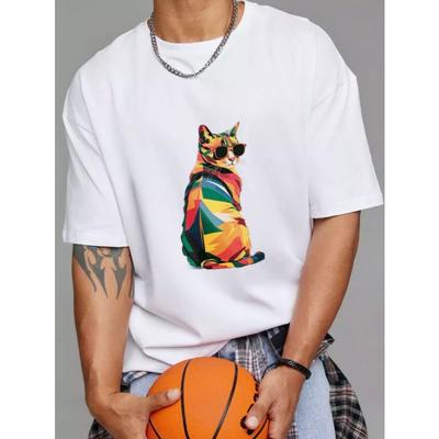 Rundhals T-Shirt Weiß Bunte Katze mit Sonnenbrille Druck Freizeitkleidung für Männer und Frauen