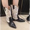 Fashion Embroidery Women Western Cowboy Boots 2025 Fashion Slip On Thick Heel Knight Long Booties Retro Style Autumn Winter Female Shoes