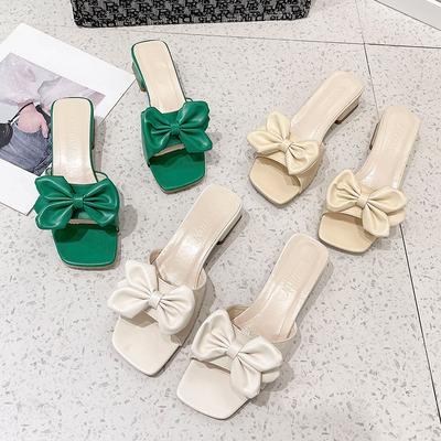 Nye Sommersandaler Lav Hæl Slides Dame Åpen Tå Firkantet Hæl Sandaler med Sløyfe Dame Store Flip-flops Flip-flops