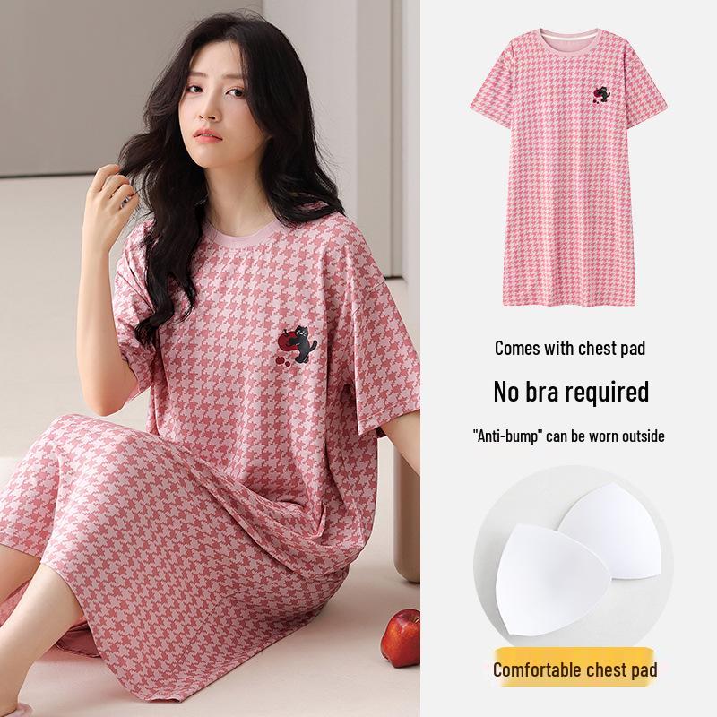 Women's Summer Modal Pajamas: Short Sleeve, Thin Style, with Chest Pads, Round Neck – Sweet Student Homewear
