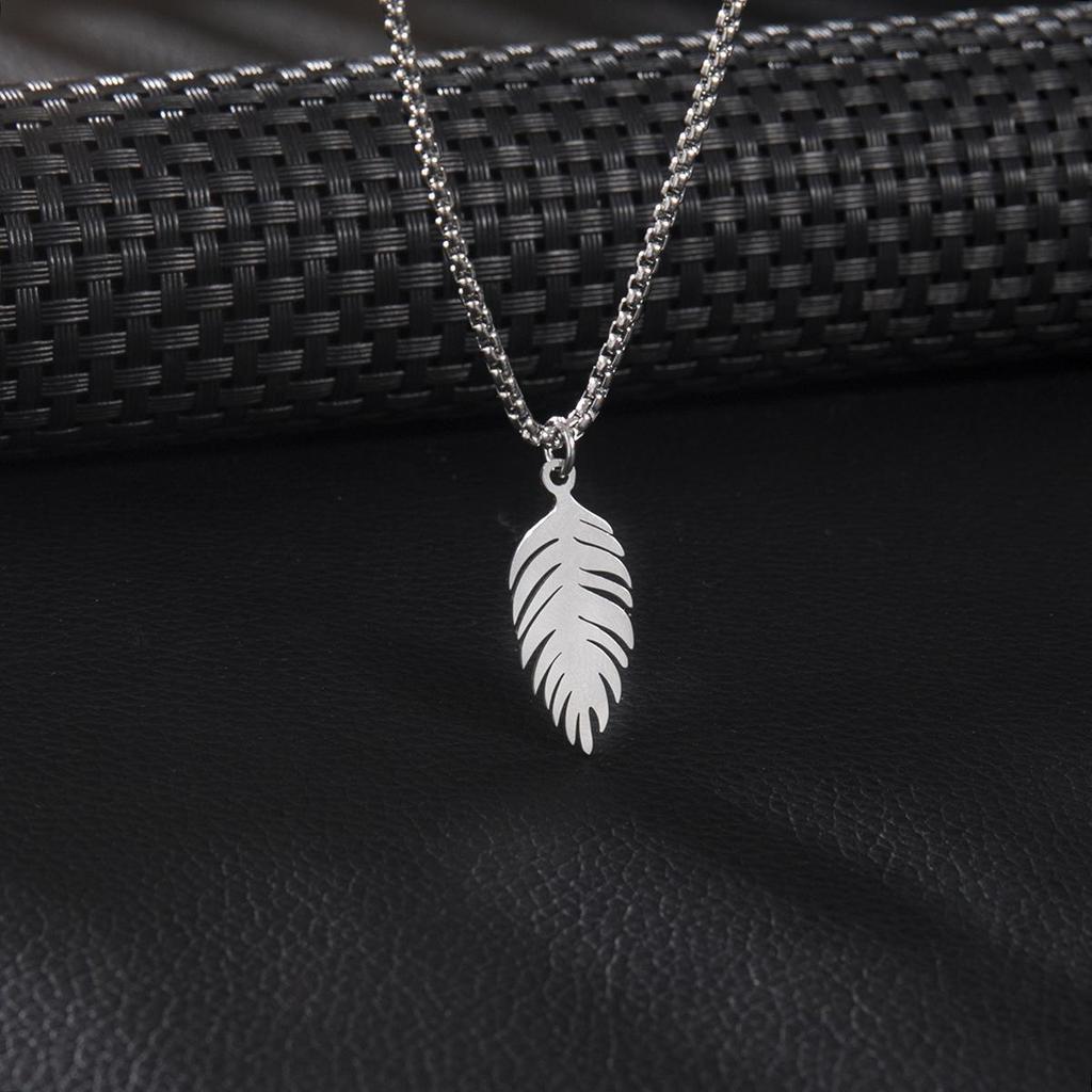 New European & American Men's Stainless Steel Feather Leaf Necklace