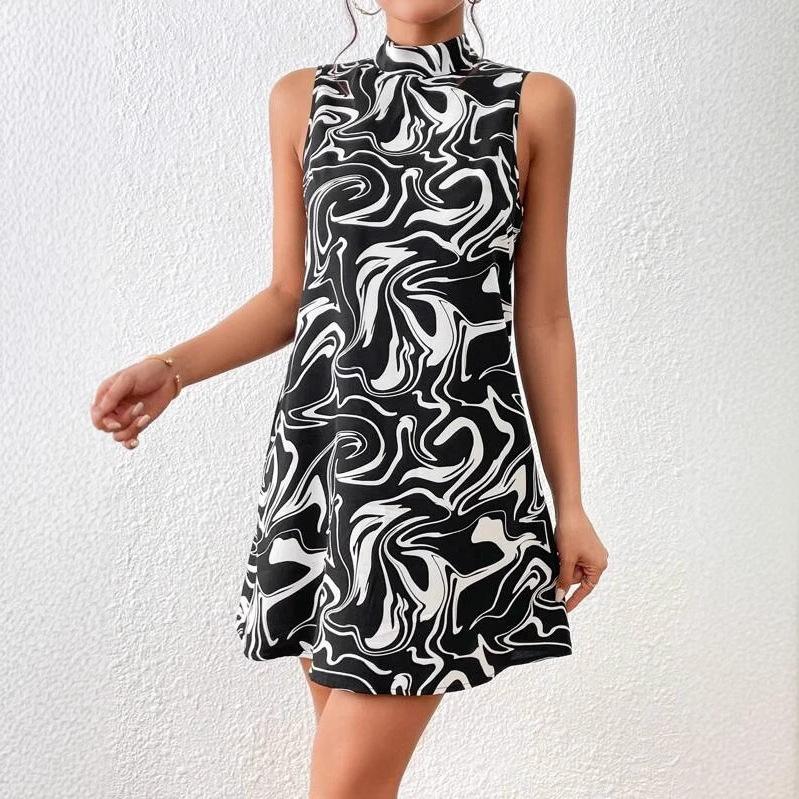 Women's summer European and American printed stand-up collar dress