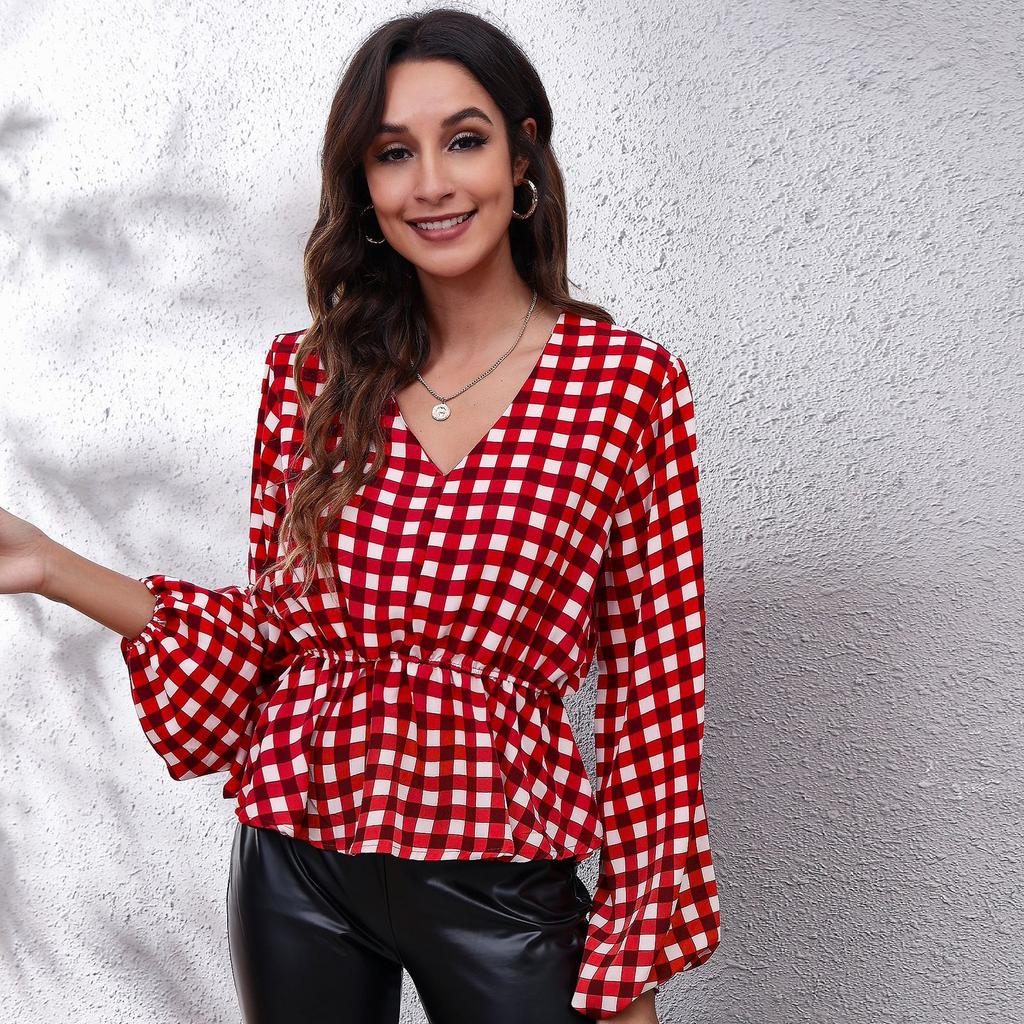 BITCED 19 Floral Checkered Chain Floral Checkerboard Printed Long Sleeve Chiffon Shirt for Women Spring and Autumn